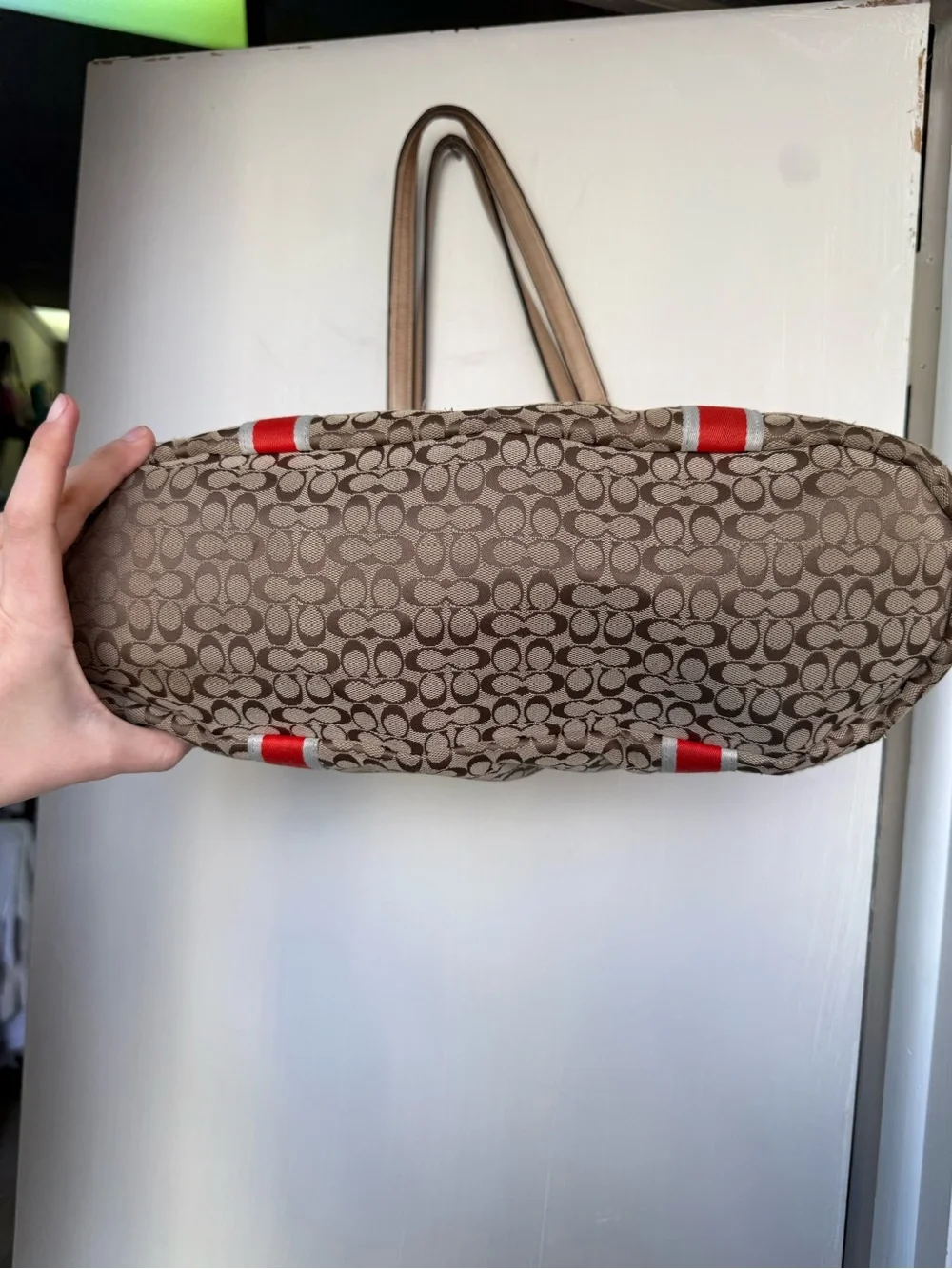 Coach Beige Signature Tote with Red Stripe Accents
